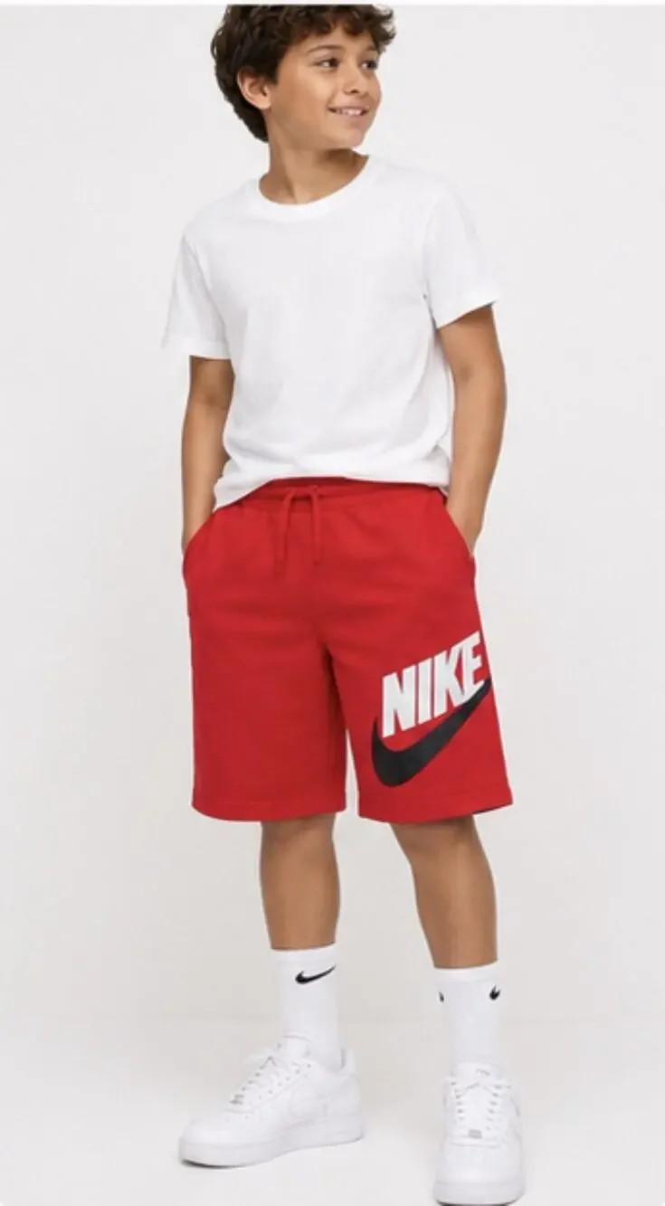 Nike Boys Medium Red Fleece Shorts Big Logo Swoosh Drawstring Athletic